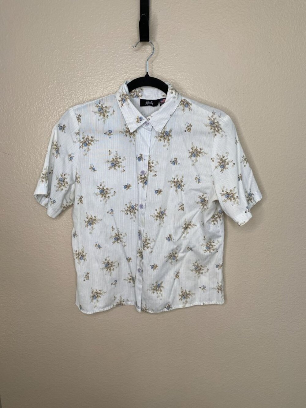 Vintage Tapestry Womens Blue Floral Button-Up Shirt Small Cotton Short Sleeve